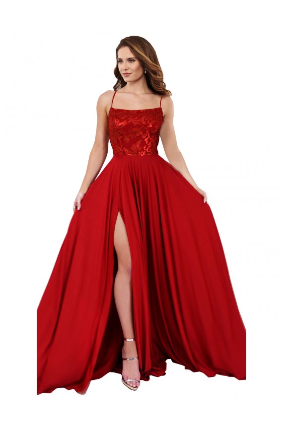 Cheap Lace Over Bodice Long Spandex Bridesmaid Dress / Prom Dress with Slit UK