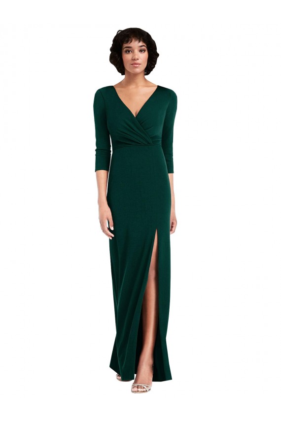 Cheap Floor Length 3/4 Sleeves V-Back Draped Wrap Formal Maxi Spandex Bridesmaid Dress / Prom Dress UK