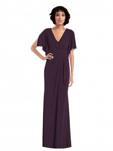 Cheap Faux Wrap Split Sleeves Formal Maxi Spandex Bridesmaid Dress / Prom Dress with Cascade Skirt UK