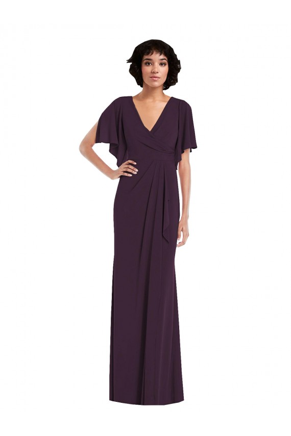 Cheap Faux Wrap Split Sleeves Formal Maxi Spandex Bridesmaid Dress / Prom Dress with Cascade Skirt UK
