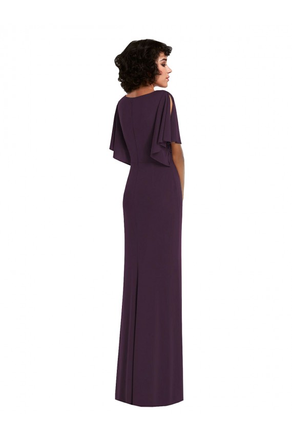 Cheap Faux Wrap Split Sleeves Formal Maxi Spandex Bridesmaid Dress / Prom Dress with Cascade Skirt UK