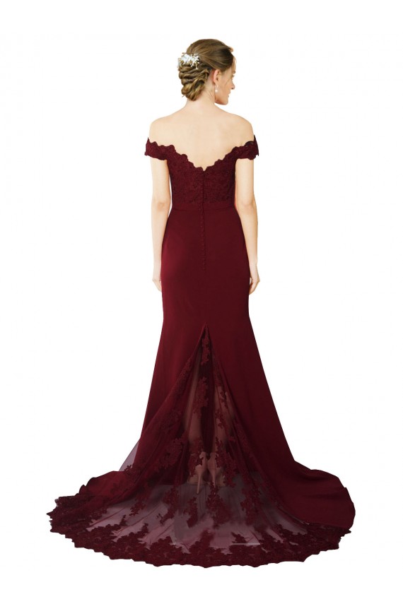 Cheap Full Length Off the Shoulder Formal Crepe Bridesmaid Dress / Prom Dress with Lace On Bodice and Back UK