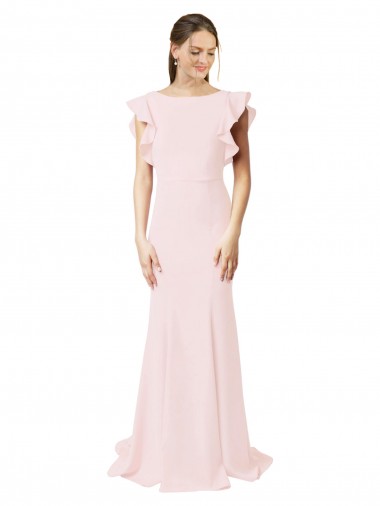 Cheap Low V-Back Long Mermaid Crepe Bridesmaid Dress / Prom Dress with Ruffled Sleeves UK