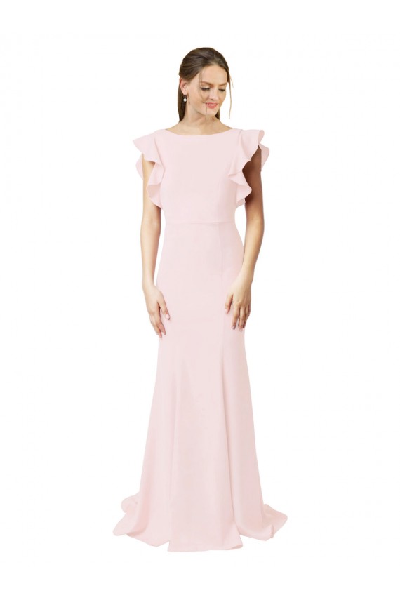 Cheap Low V-Back Long Mermaid Crepe Bridesmaid Dress / Prom Dress with Ruffled Sleeves UK