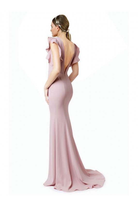 Cheap Low V-Back Long Mermaid Crepe Bridesmaid Dress / Prom Dress with Ruffled Sleeves UK