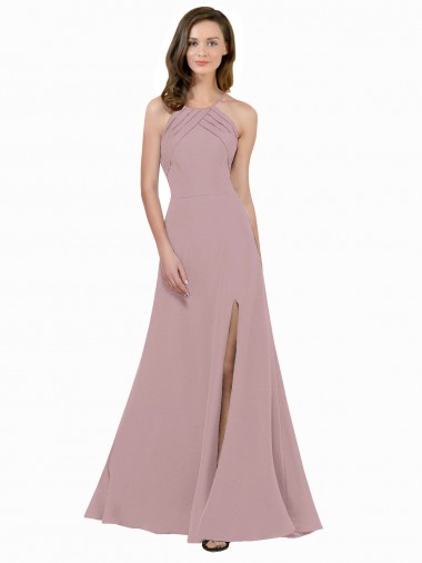 Cheap High Neck Crepe Bridesmaid Dress / Prom Dress with Pleats and Keyhole Back UK