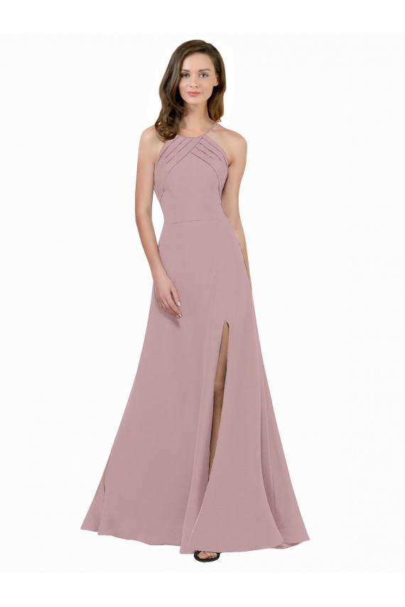 Cheap High Neck Crepe Bridesmaid Dress / Prom Dress with Pleats and Keyhole Back UK