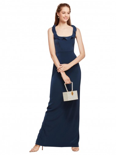 Cheap Scoop Neck with Ruffles Long Formal Crepe Bridesmaid Dress / Prom Dress with Back Slit UK