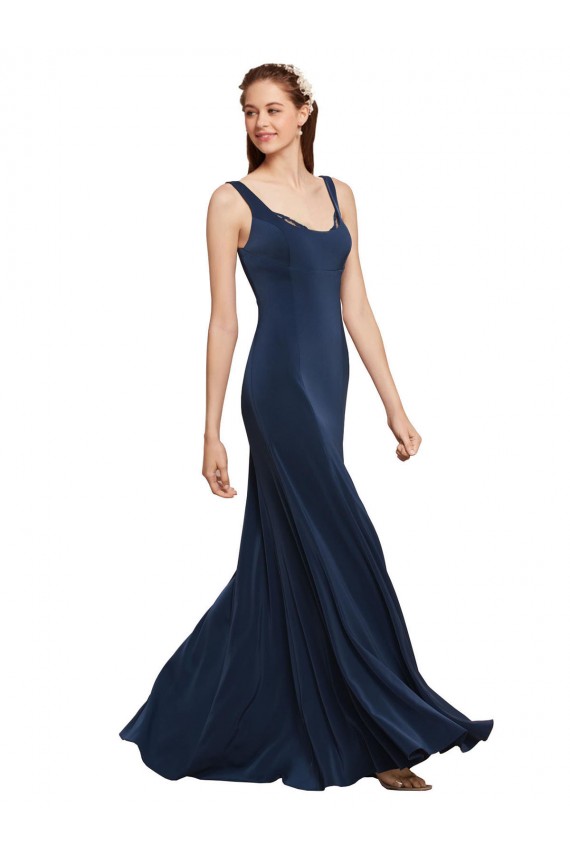 Cheap Fit and Flare Long Formal Crepe Bridesmaid Dress / Prom Dress with Round Neck UK