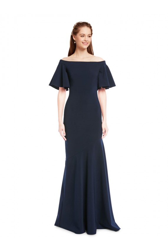 Cheap Off the Shoulder Formal Crepe Bridesmaid Dress / Prom Dress with Short Ruffle Sleeves. UK