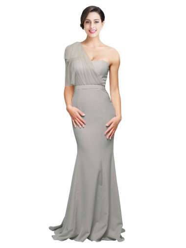 Cheap Long Sweep Train Sweetheart Formal Crepe Bridesmaid Dress / Prom Dress with Tulle One Shoulder UK