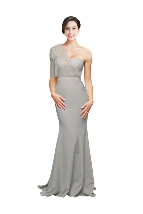 Cheap Long Sweep Train Sweetheart Formal Crepe Bridesmaid Dress / Prom Dress with Tulle One Shoulder UK