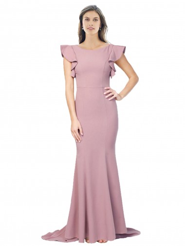 Cheap Flutter Sleeves Low V-Back High Round Neck Formal Crepe Bridesmaid Dress / Prom Dress UK