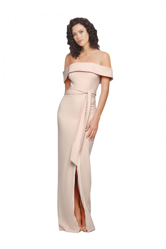 Cheap Off the Shoulder Long Formal Crepe Bridesmaid Dress / Prom Dress with Waist Tie and Slit UK