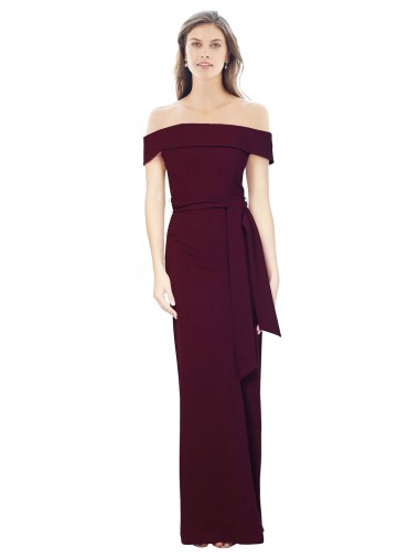 Cheap Off the Shoulder Long Formal Crepe Bridesmaid Dress / Prom Dress with Waist Tie UK
