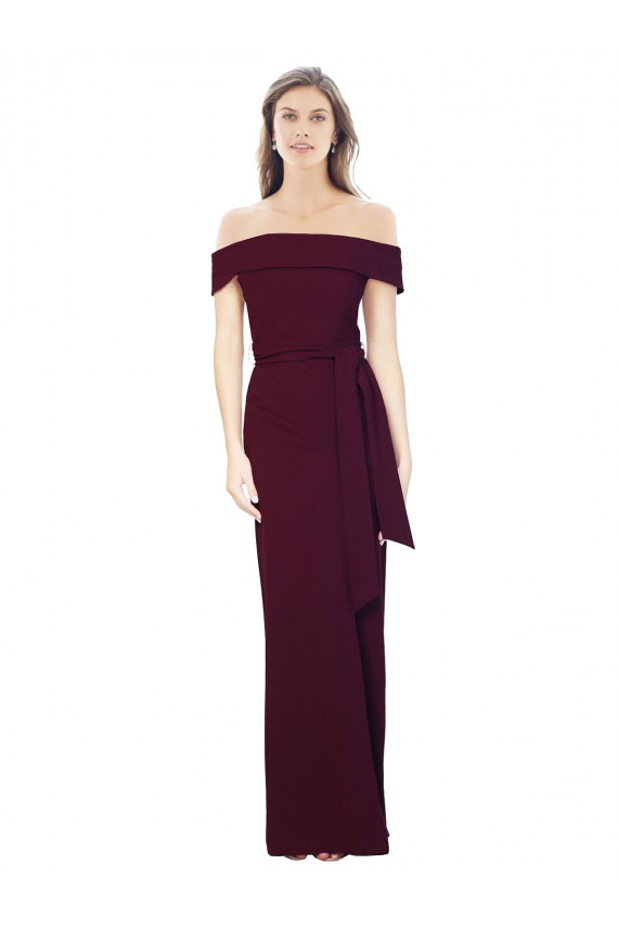 Cheap Off the Shoulder Long Formal Crepe Bridesmaid Dress / Prom Dress with Waist Tie UK