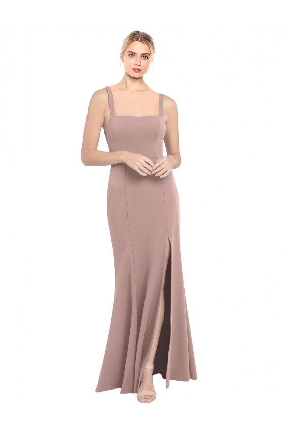 Cheap Square Neck Fit and Flare Long Stretch Crepe Bridesmaid Dress / Prom Dress with Side Slit UK