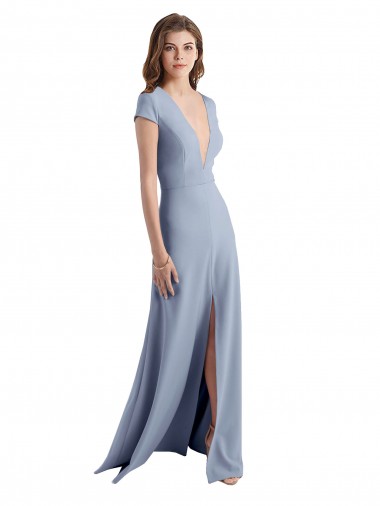 Cheap Plunging V-Neck Cap Sleeves Stretch Crepe Bridesmaid Dress / Prom Dress with Front Slit UK