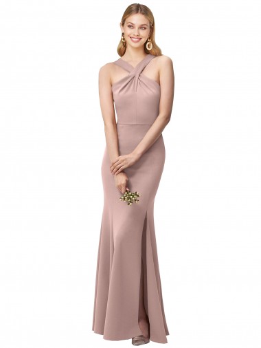 Cheap Long Floor Length High Neck Fit and Flare Stretch Crepe Bridesmaid Dress / Prom Dress with Side Slit UK