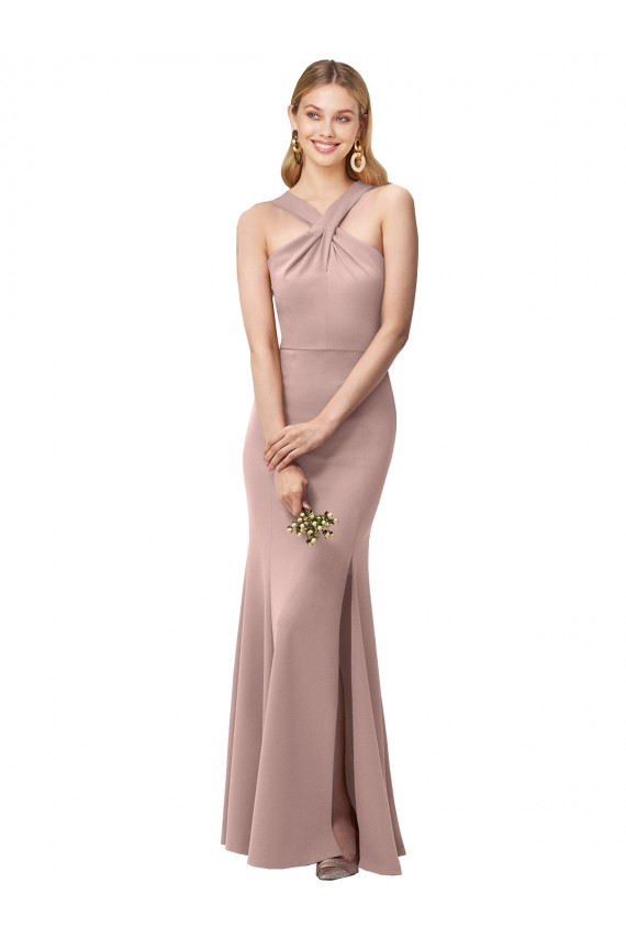 Cheap Long Floor Length High Neck Fit and Flare Stretch Crepe Bridesmaid Dress / Prom Dress with Side Slit UK