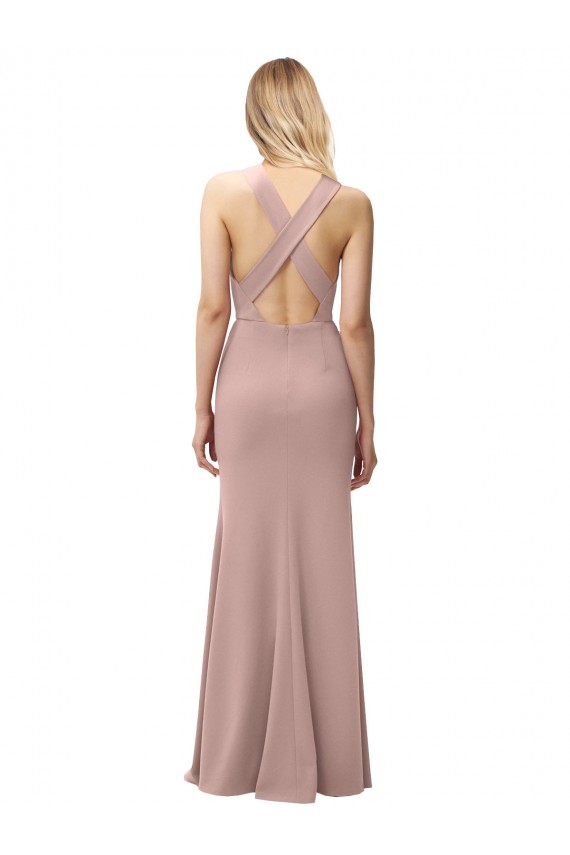 Cheap Long Floor Length High Neck Fit and Flare Stretch Crepe Bridesmaid Dress / Prom Dress with Side Slit UK