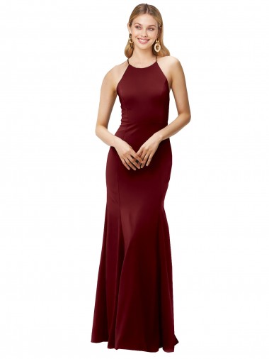 Cheap Fit and Flare Halter Neckline Stretch Formal Crepe Bridesmaid Dress / Prom Dress with Strappy Back UK
