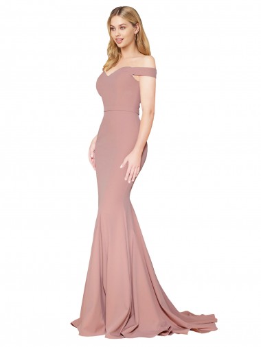 Cheap Off the Shoulder Sweetheart Long Sweep Train Formal Crepe Bridesmaid Dress / Prom Dress UK