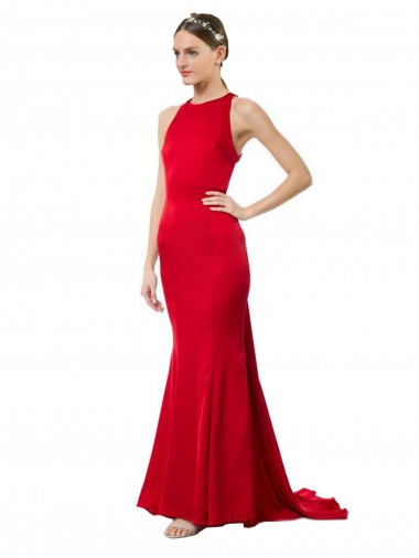 Cheap High Neck Mermaid Open Back Formal Crepe Maxi Bridesmaid Dress / Prom Dress with Train Detail UK