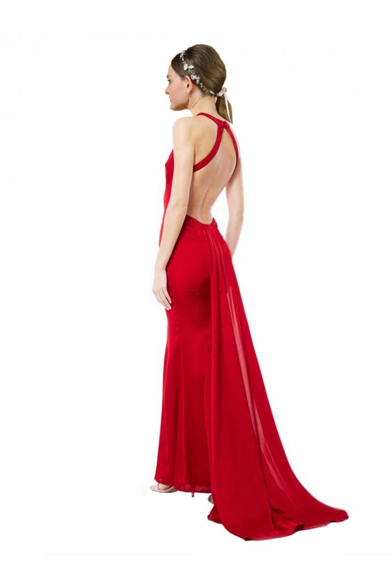 Cheap High Neck Mermaid Open Back Formal Crepe Maxi Bridesmaid Dress / Prom Dress with Train Detail UK