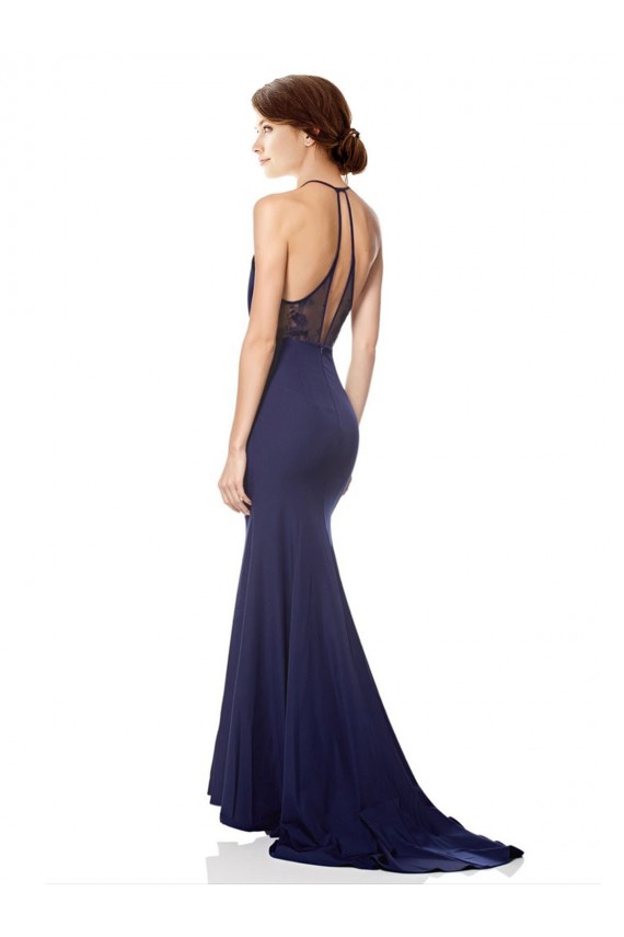 Cheap High Neck Fishtail Formal Crepe Bridesmaid Dress / Prom Dress with Open Back Detail UK