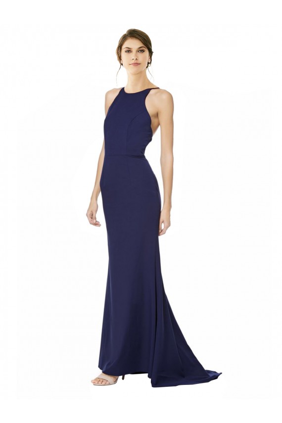 Cheap Fishtail High Neck Maxi Formal Crepe Bridesmiad Dress with Strappy Back Detail UK