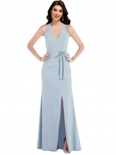 Cheap Open Back Halter Maxi Formal Crepe Bridesmaid Dress / Prom Dress with Draped Bow UK