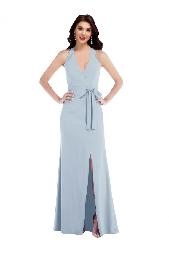 Cheap Open Back Halter Maxi Formal Crepe Bridesmaid Dress / Prom Dress with Draped Bow UK