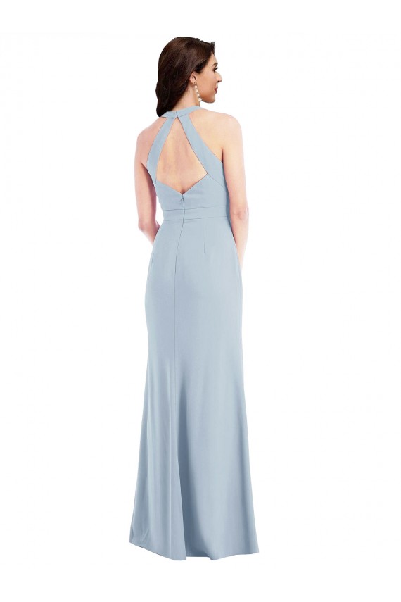 Cheap Open Back Halter Maxi Formal Crepe Bridesmaid Dress / Prom Dress with Draped Bow UK