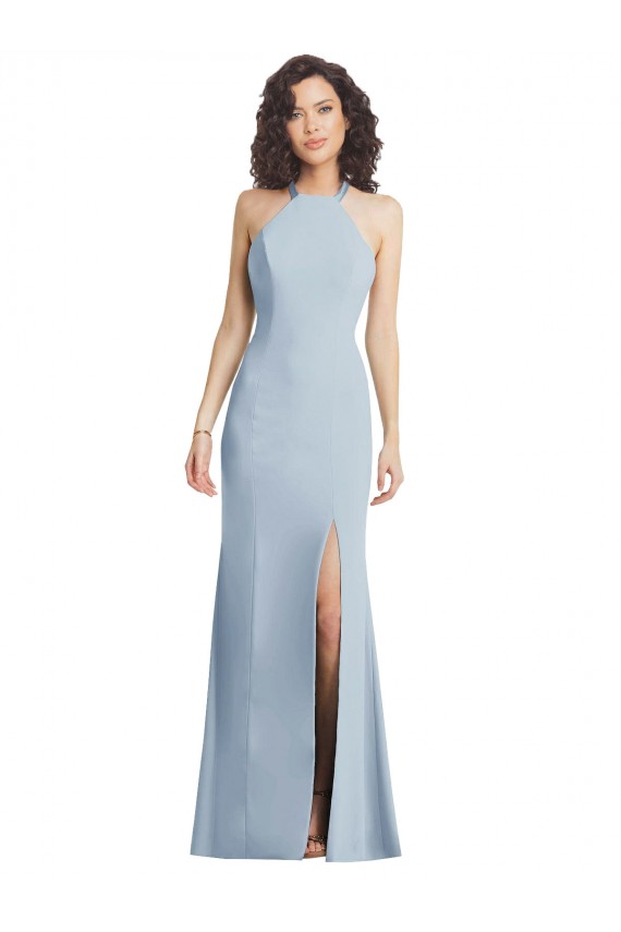 Cheap High Neck Halter Formal Crepe Bridesmaid Dress / Prom Dress with Twist Criss Cross Back UK