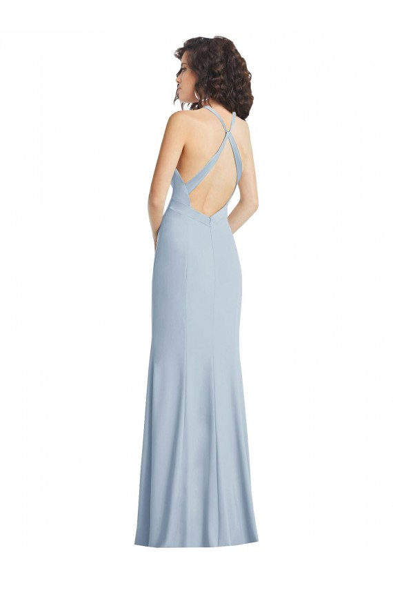 Cheap High Neck Halter Formal Crepe Bridesmaid Dress / Prom Dress with Twist Criss Cross Back UK