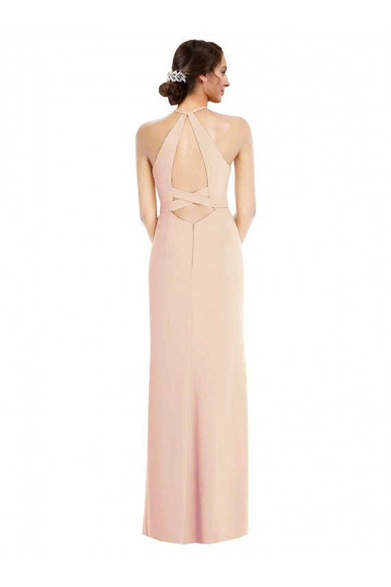 Cheap Halter Criss Cross Cutout Back Maxi Formal Crepe Bridesmaid Dress / Prom Dress UK