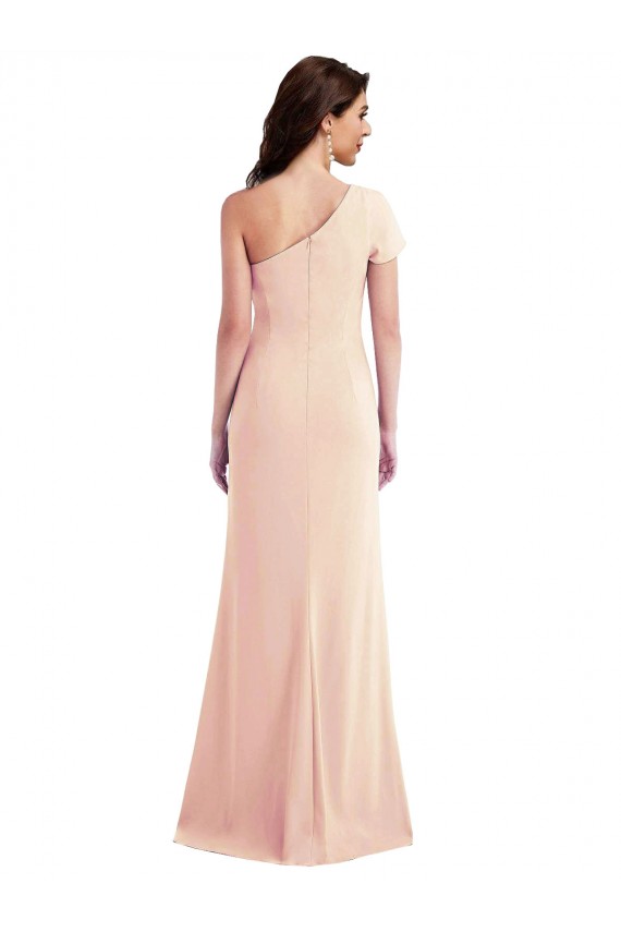Cheap One Shoulder Cap Sleeves Trumpet Formal Crepe Bridesmaid Dress / Prom Dress with Front Slit UK