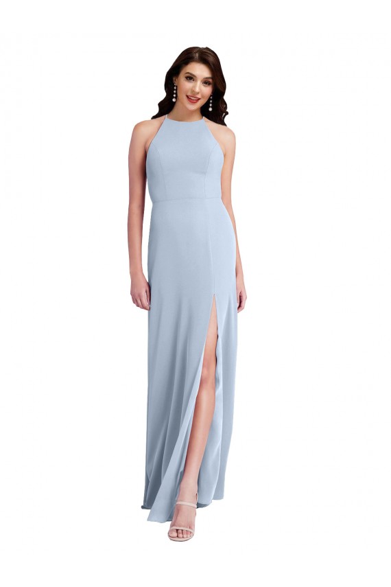 Cheap Fit and Flare High Neck Formal Crepe Bridesmaid Dress / Prom Dress with Side Slit UK