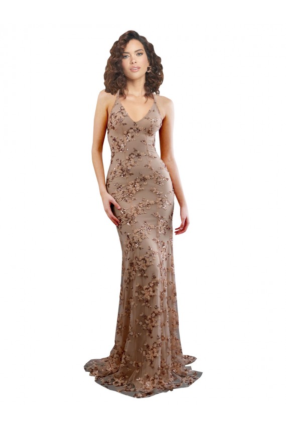 Cheap Floral Patterned Backless V-Neckline Sequin Formal Bridesmaid Dress / Prom Dress UK