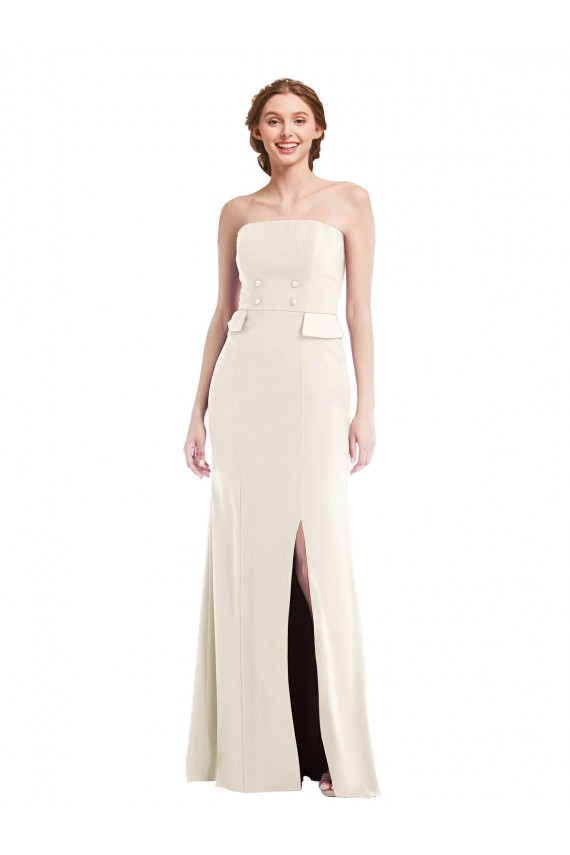 Cheap Long Strapless Tuxedo Maxi Bridesmaid Dress / Prom Dress with Front Slit & Pockets UK