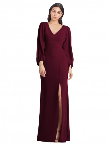 Cheap Long Puff Sleeve V-Neck Trumpet Bridesmaid Maxi Dress UK