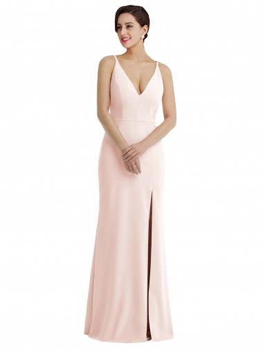 Cheap Skinny Strap Deep V-Neck Trumpet Formal Crepe Bridesmaid Dress / Prom Dress with Front Slit UK
