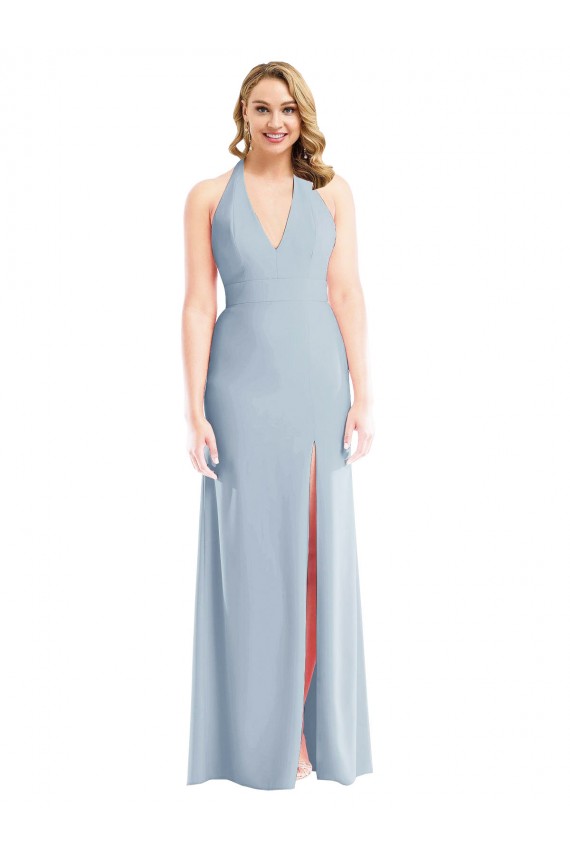 Cheap Plunge Neck Halter Backless Trumpet Bridesmaid Dress / Prom Dress with Front Slit UK