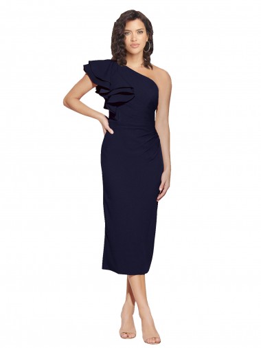 Cheap Ruched Midi Length Short Cocktail Formal Crepe Bridesmaid Dress / Prom Dress with Shoulder Ruffles UK