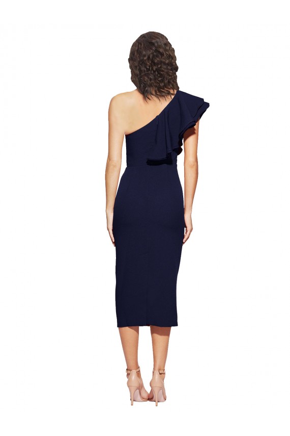 Cheap Ruched Midi Length Short Cocktail Formal Crepe Bridesmaid Dress / Prom Dress with Shoulder Ruffles UK