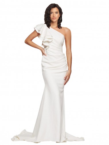 Cheap Ruched Long Sweep Train Crepe Bridesmaid Dress / Prom Dress with Shoulder Ruffles UK