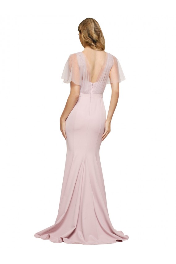 Cheap Crepe Long Sweetheart Neckline Formal Bridesmaid Dress / Prom Dress with Tulle Overlay Shoulders UK