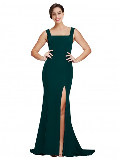 Cheap Fitted Square Neck Long Crepe Bridesmaid Dress / Prom Dress with Train and Side Split UK