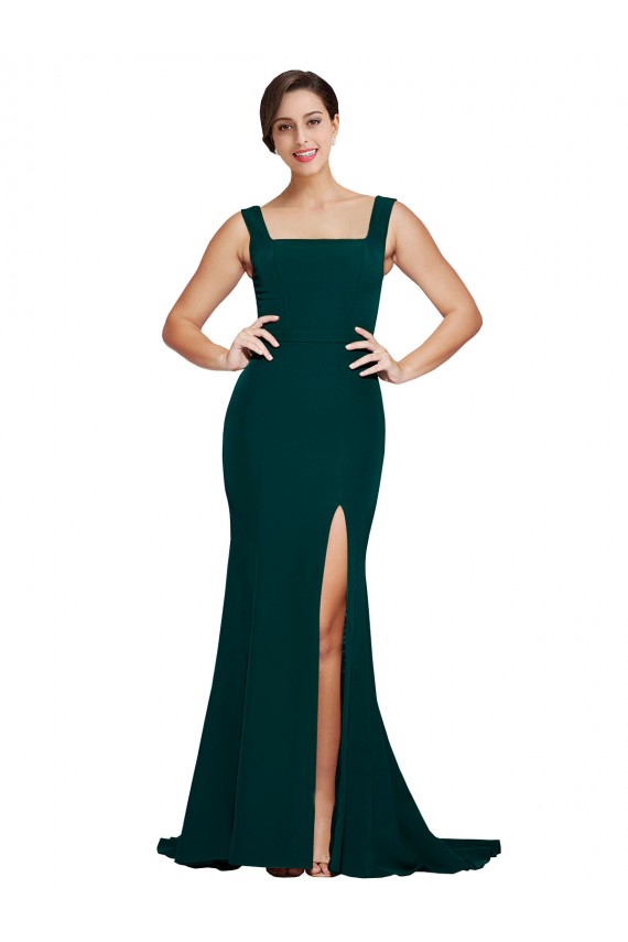 Cheap Fitted Square Neck Long Crepe Bridesmaid Dress / Prom Dress with Train and Side Split UK